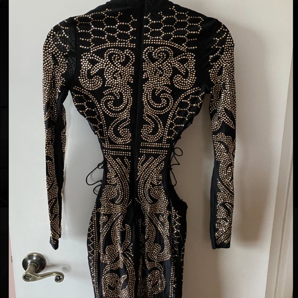 Shiny black lace long sleeve dress S small - Picture 4 of 4